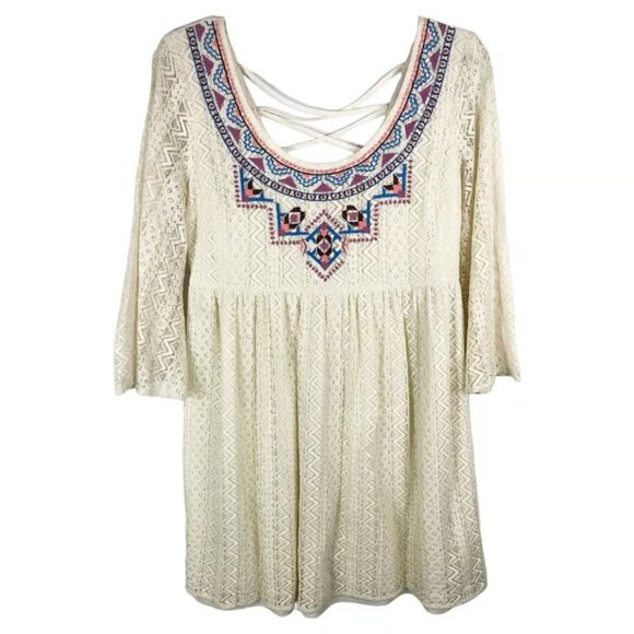 Flying Tomato Medium Dress Mini Embroidered Lace Lined White Boho CrissCross - Picture 1 of 3